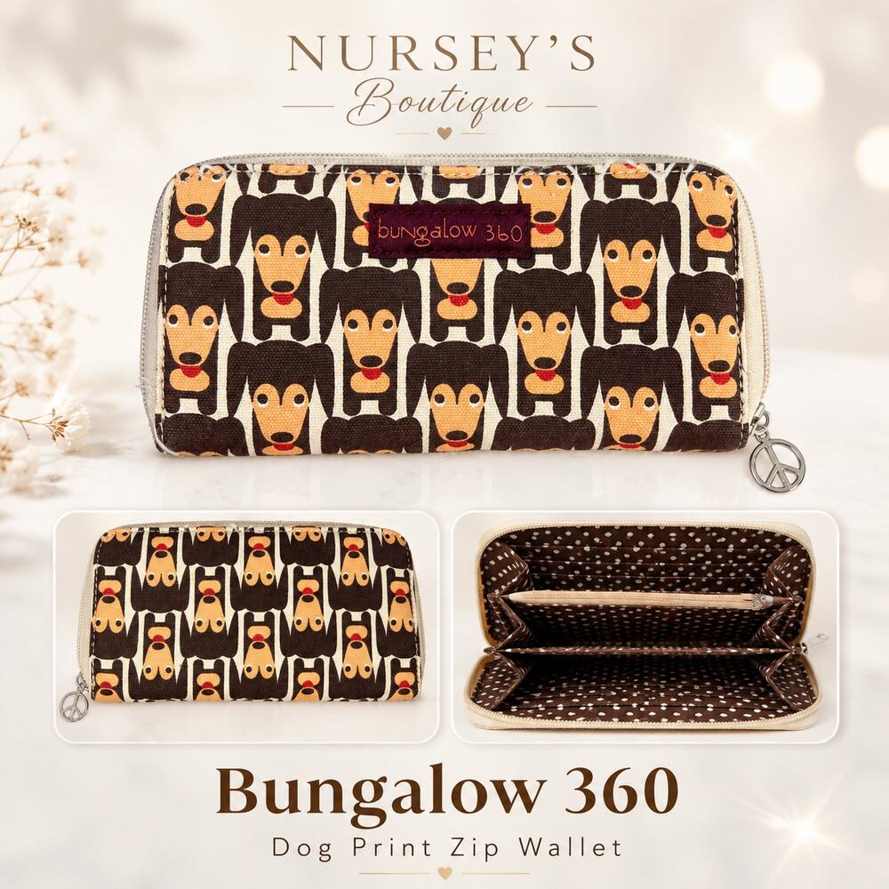Bungalow 360 Dog Print Zip Around Wallet Brown Canvas Organizer